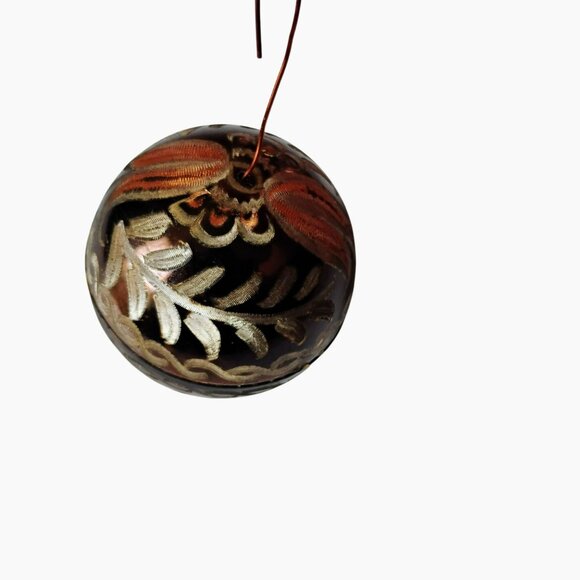 Vintage Hand Engraved Metallic Christmas Ornament With Leaf Design Gold Bronze - Picture 4 of 15